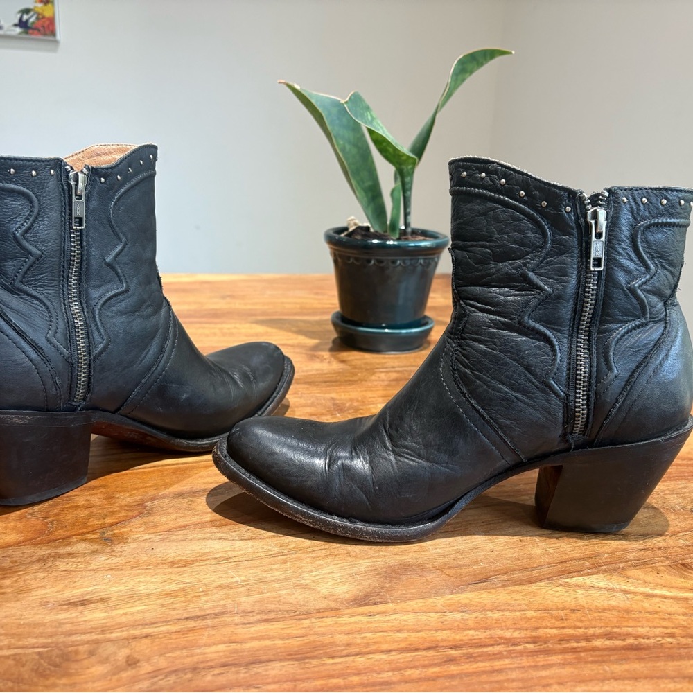 Lucchese Black Leather Karla Western Ankle Booties - Picture 2 of 8